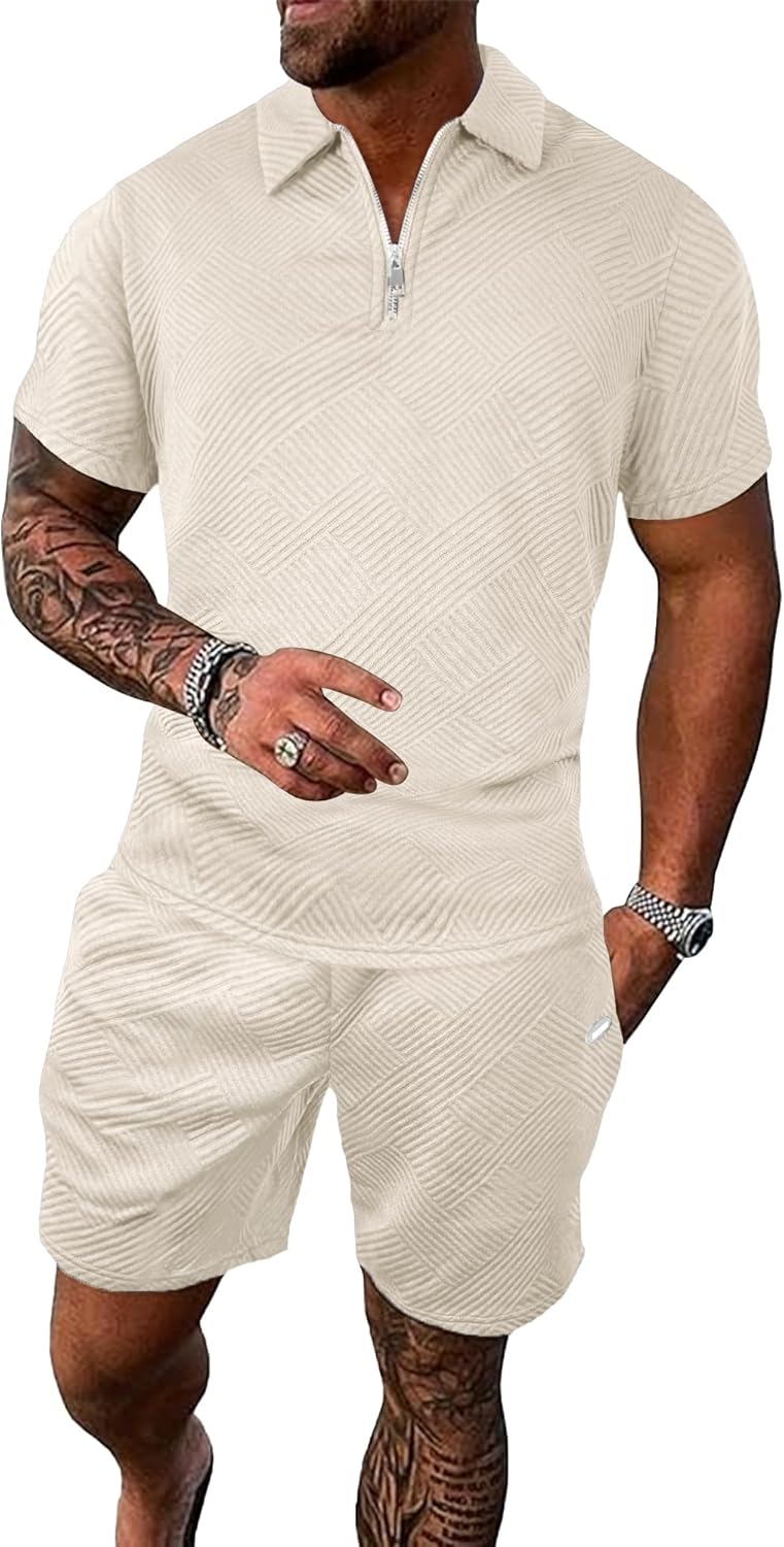 PLEPAN Mens Polo Shirt and Shorts Set Fashion Casual Track Suits 2 Piece Sets Short Sleeve Sweatsuit Outfits Golf Polo Shirts