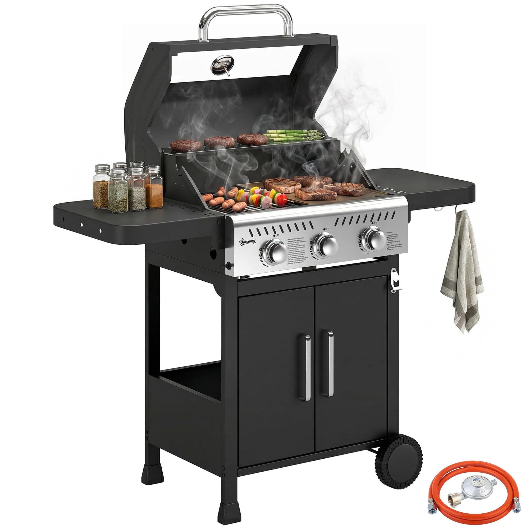 Outsunny Barbacoa de Gas BBQ Gas Portátil 3 Quemadores 7,5 kW Termómetro | Mesas Laterales Plegables, Rejilla Calentadora, Parrilla Plancha, Tapa con Ventana, Recogedor y Recipiente Grasa