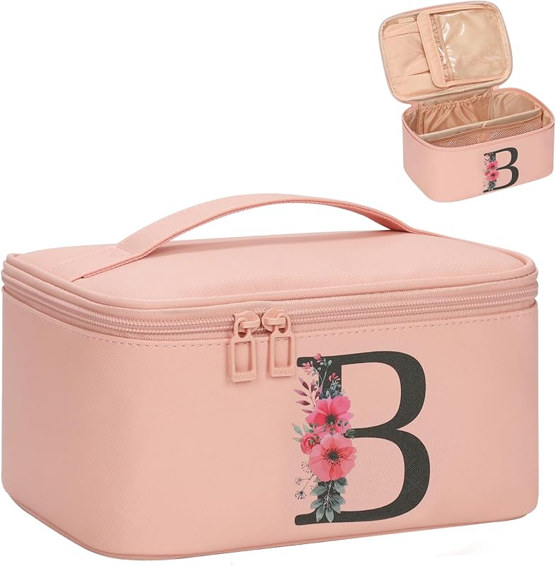 Necessaire de maquiagem OCHEAL com inicial, rosa, organizador de viagem com porta-pincéis, modelo B