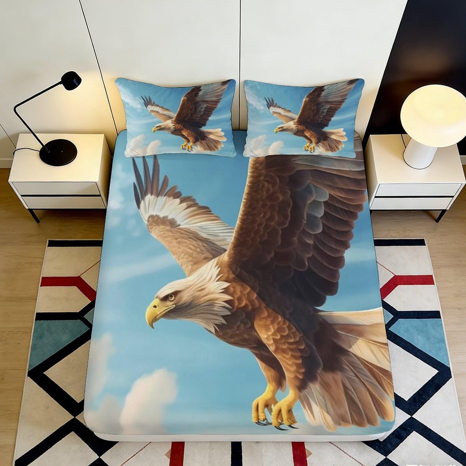 3D Printed Soaring Eagle Fitted Sheet Microfiber Soft Breathable Sky Bird Mattress Cover for Bedroom Dorm Decor 90x200x25cm