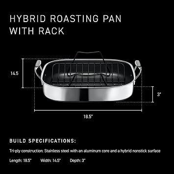 HexClad Hybrid 17 x 14 Inch Rectangular Nonstick Roasting Pan with Rack, Dishwasher-Friendly, Oven-Safe Up to 900F, Compatible with All Cooktops