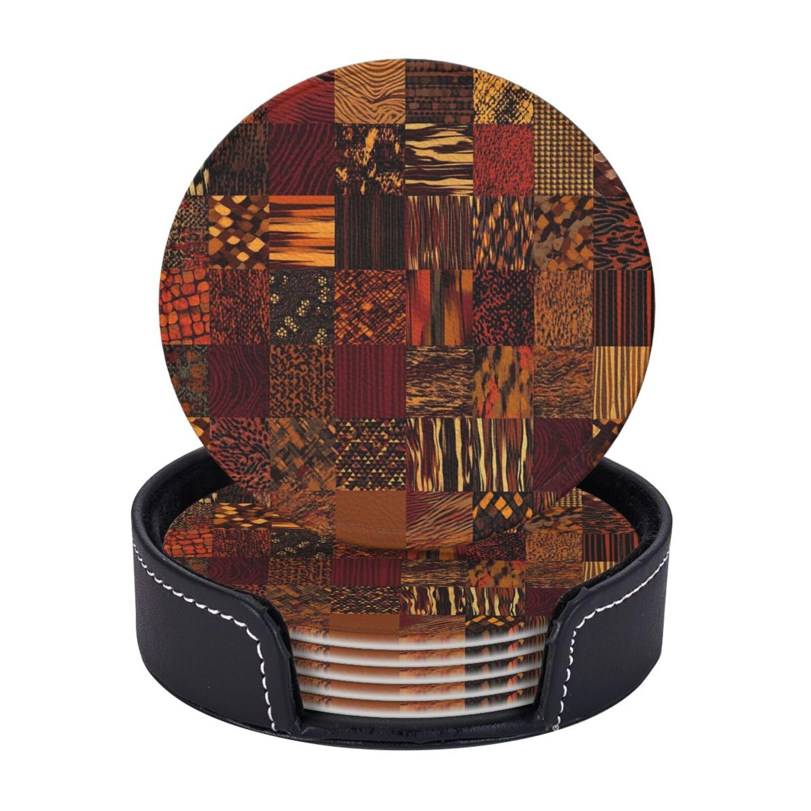 Drink Coasters Set of 6 Coffee Leather Coaster with Holder African Style Patchwork Coasters for Drinks Coffee Cup Mat Heat Resistant Tabletop Protection Coaster Desk Accessorie Home Decorative