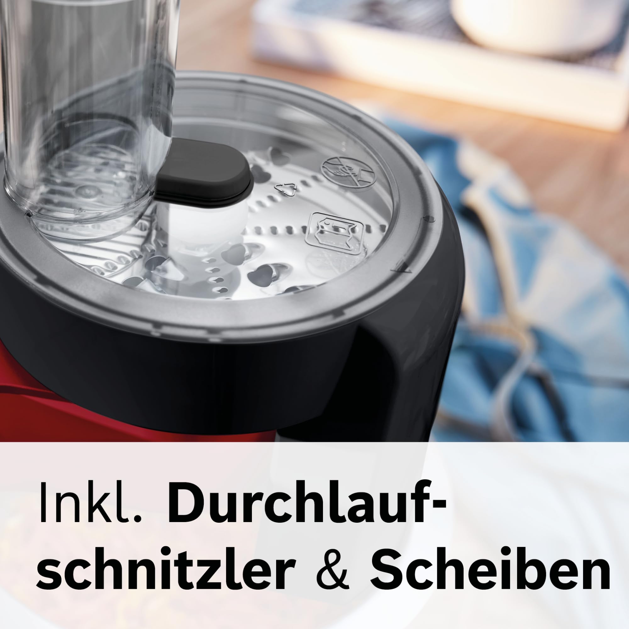 Bosch Küchenmaschine Serie 2, kleine Küchenmaschine, Edelstahl-Schüssel 3,8 L, Knethaken, Schlag-, Rührbesen Edelstahl, Durchlaufschnitzler, 3 Scheiben, 700 W, rot, MUMS2ER01