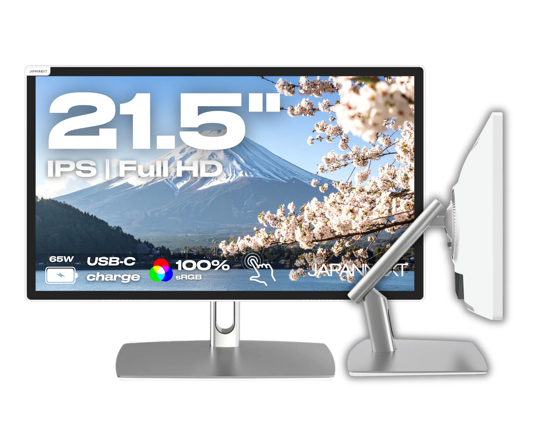 JapanNext Monitor Táctil Blanco 21.5" IPS Full HD con Brazo articulado | Full HD (1920x1080) con Brazo articulado | Carga vía USB-C(65W) Altura e inclinación Ajustables | JN-IPS2152FHDR-C65W-FLD-T
