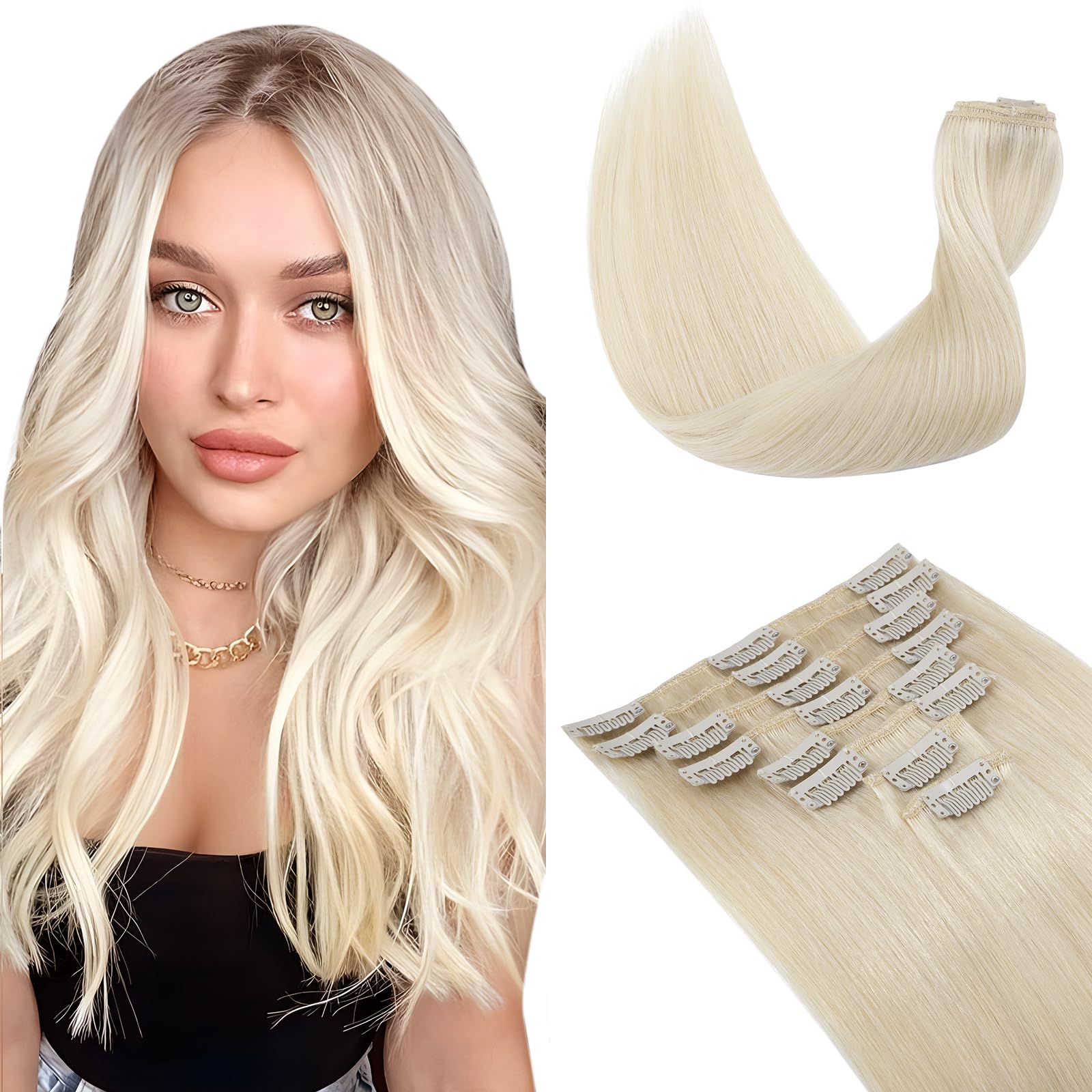 Elailite Blonde Clip in Hair Extensions Human Hair Real Hair Remy Natural Hair, 8 Pieces (Thin Weft) Straight