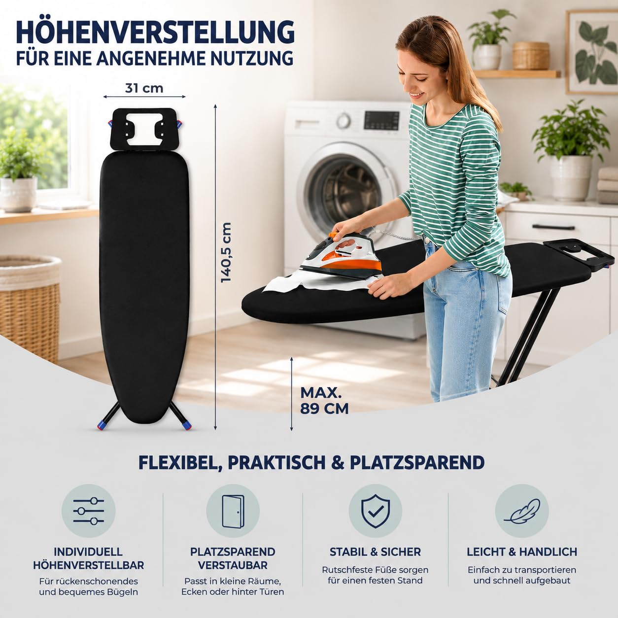 STAHLMANN® Bügelbrett schwarz [110 x 30 cm] – höhenverstellbarer Bügeltisch [platzsparend klappbar] – Bügelbrett mit Bügeleisenablage – Ironing Board