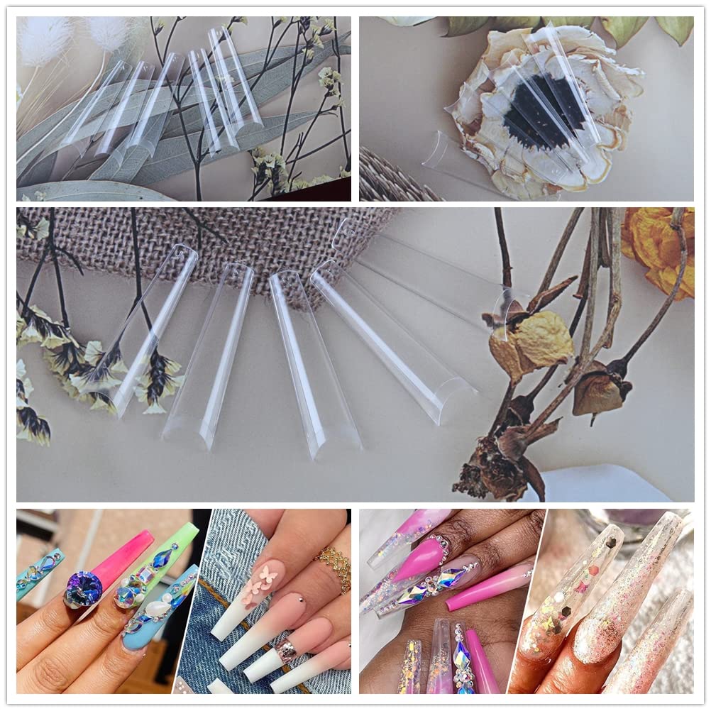 UNA GELLA Coffin Nails Tips No C Curve 120PCS Extra Long Nail Tips Clear Coffin Acrylic Nail Tips for Coffin Nails Clear Coffin Nail Tips XXL Nail Tips Coffin Fake False Nails For Nail Extension Nail Art, Home DIY Salon 12 Sizes Gelly Tips