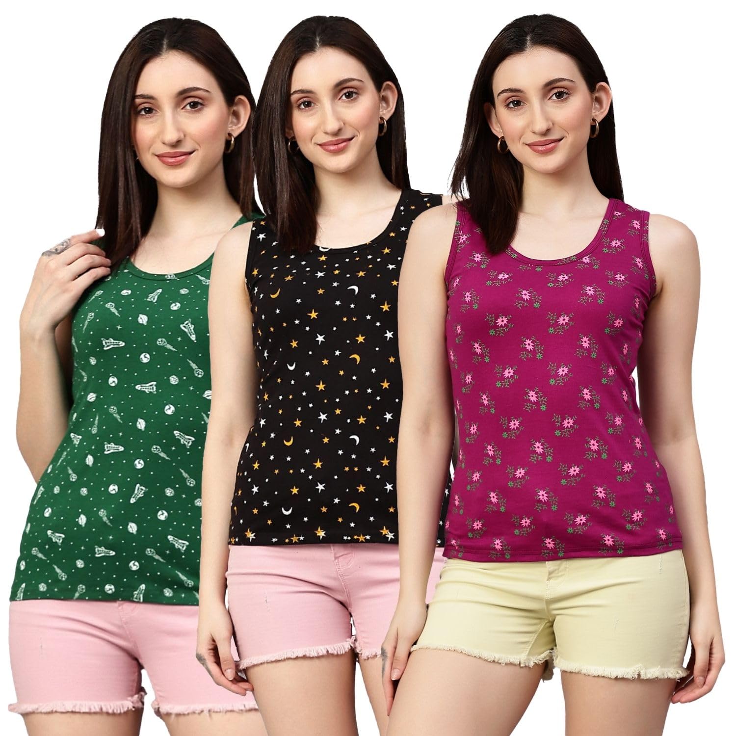 Women's Cotton Round Neck Tank Top | Tops for Women|Crop top Tank top|Beach wear|Stylish Tops|Inner for Women (Pack of 3)-image-37