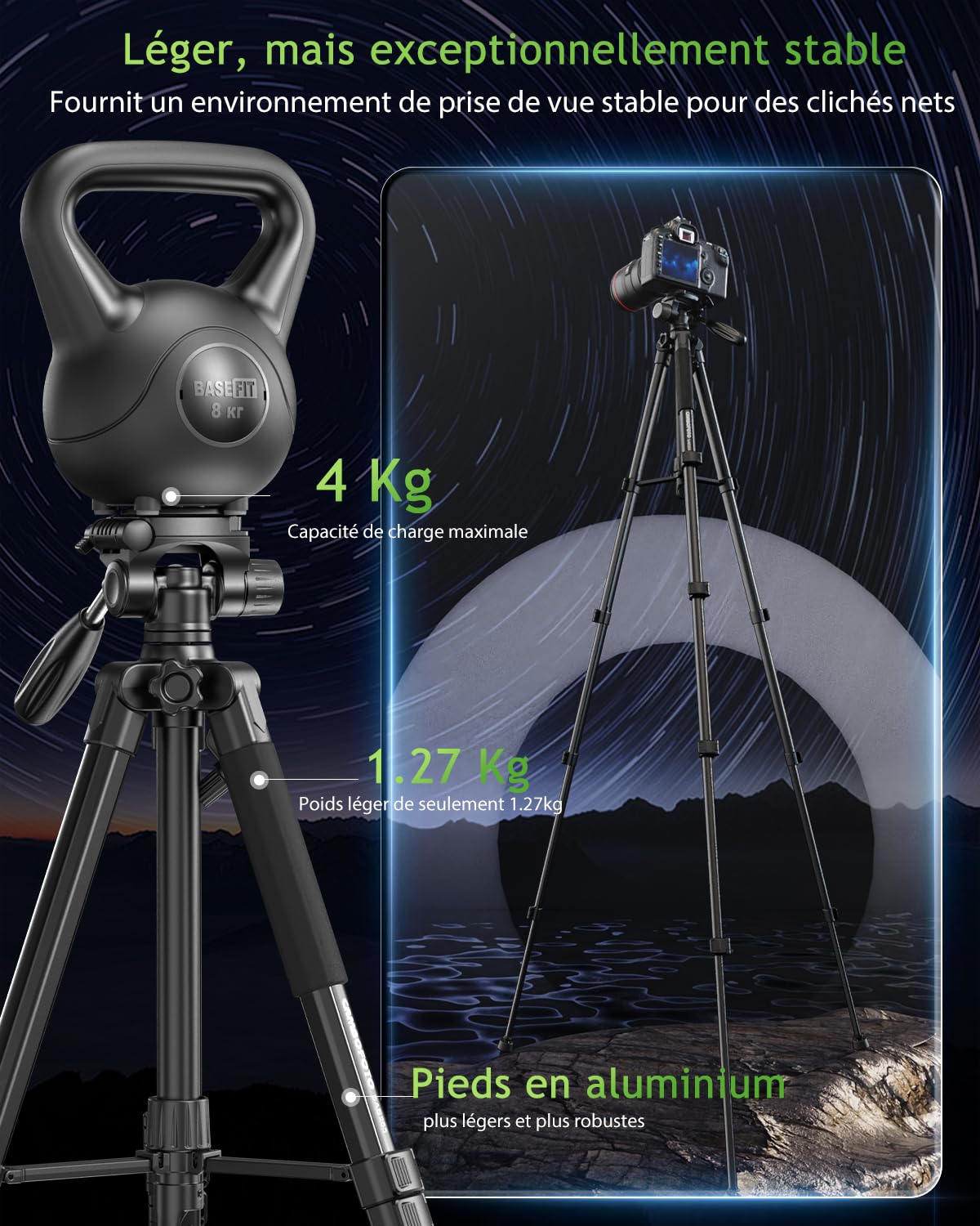 CAMBOFOTO Trépied Compact pour Appareil Photo 188 cm, Tête Panoramique 360° - Léger (1.4 kg) et Stable, Design Pliable avec Sac de Transport, Compatible DSLR/Smartphone/Caméra Vidéo (Noir)