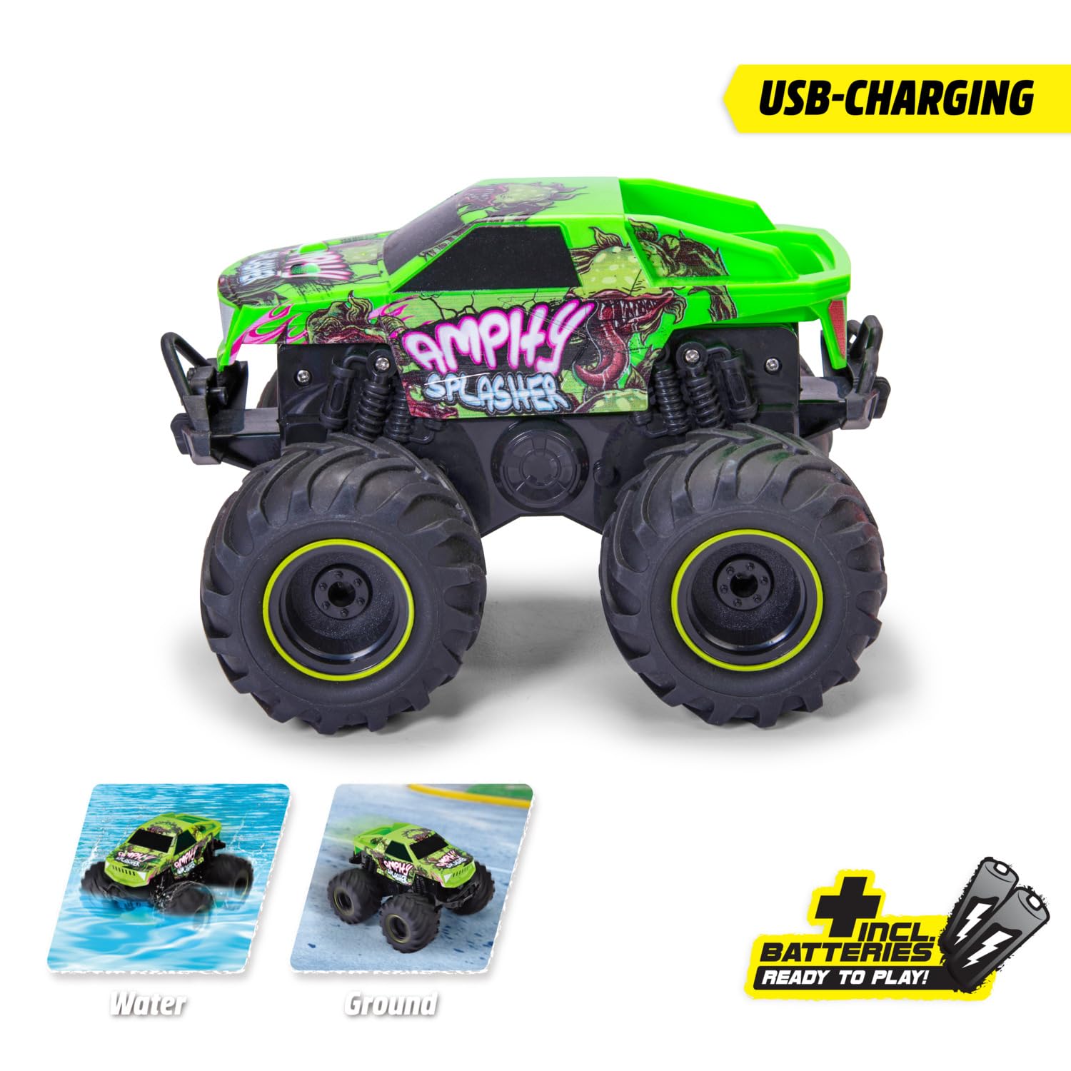 Dickie Toys – RC Amphy Splasher 18 cm, ferngesteuertes Amphibien Fahrzeug für Kinder ab 6 Jahren, 4x4 Antrieb, 360° Drehung, schwimmt im Wasser, mit Controller Akku USB Kabel, grün