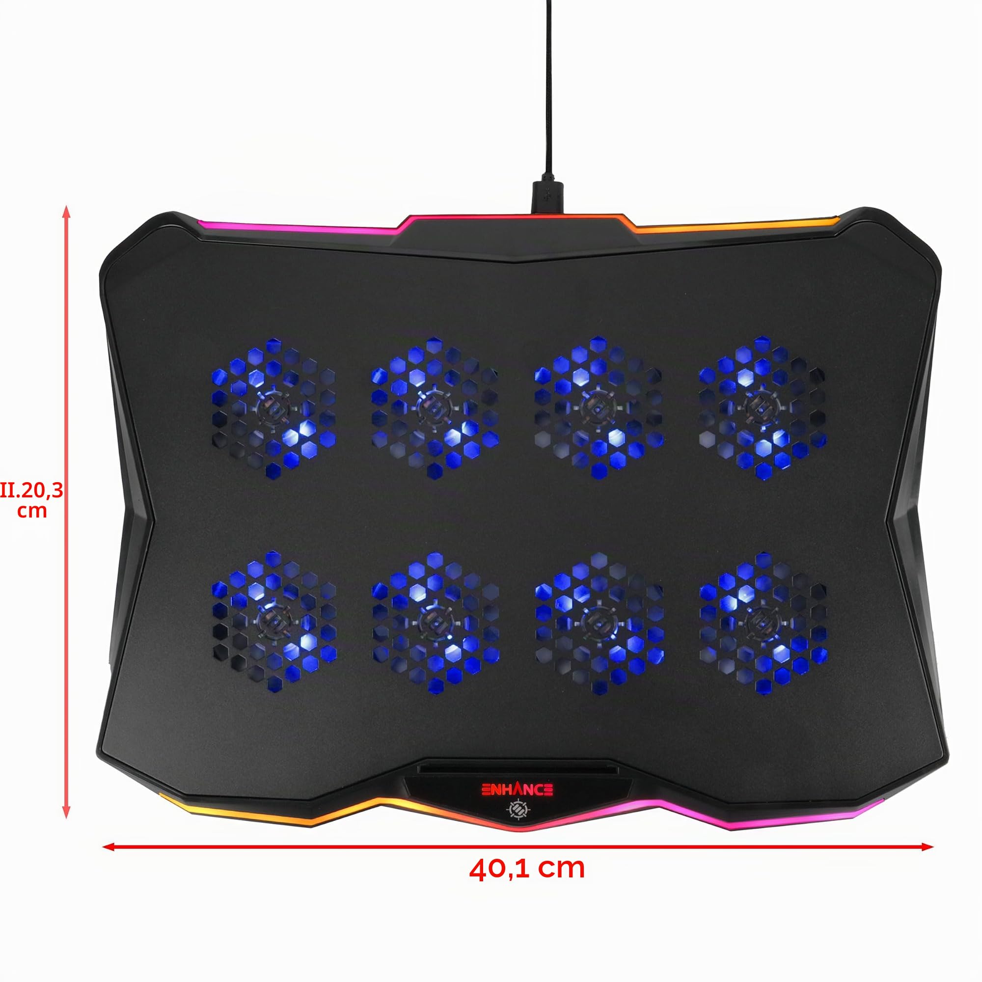 ENHANCE Infiltrate 3 Support de Refroidissement pour Ordinateur Portable avec Lumières RVB - Support de Jeu avec 8 Ventilateurs Ultra-Silencieux, 7-Angles Réglables, Double Hub USB, Métal