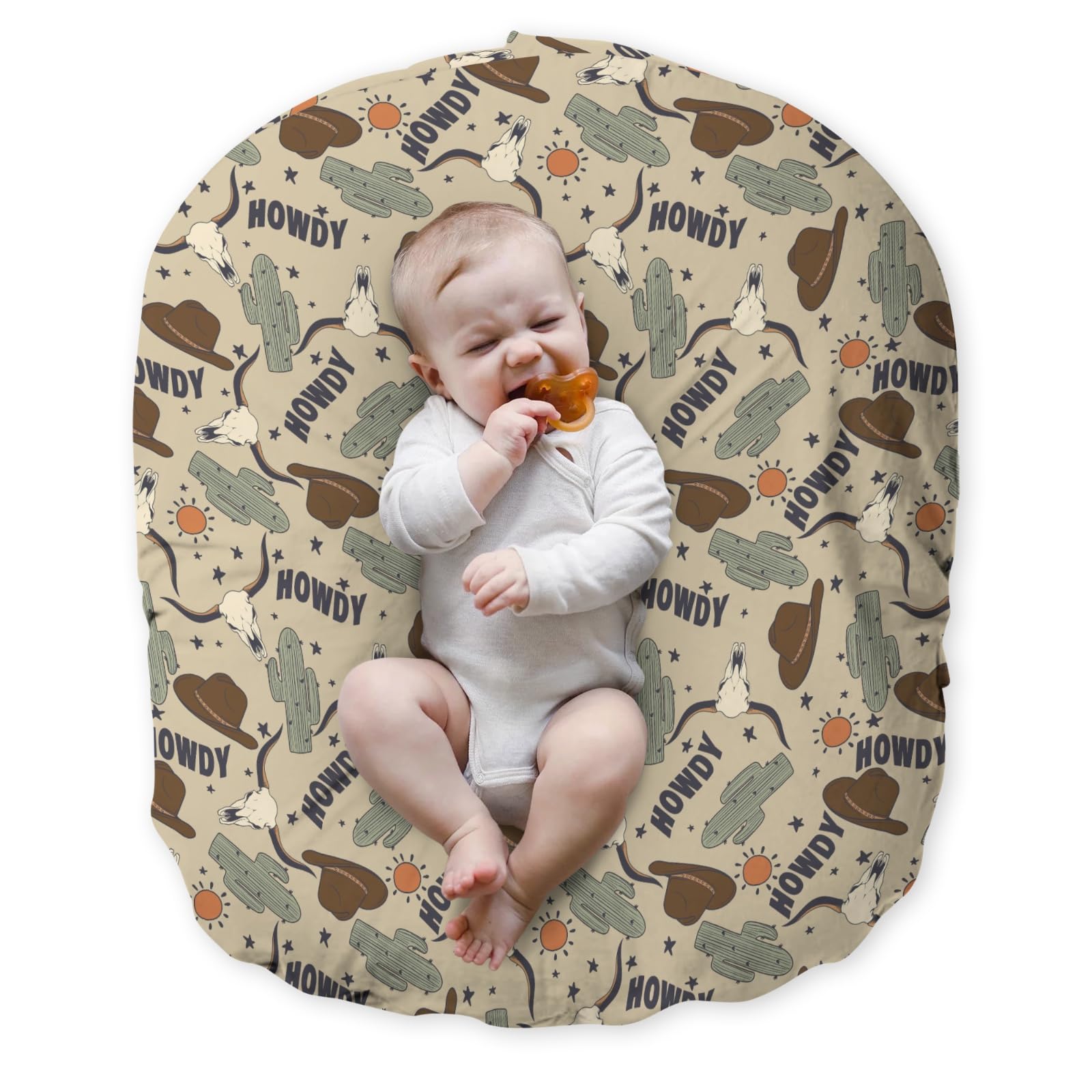 EyMzcod Newborn Lounger Pillow Cover Boho Western Cowboy Howdy Cactus, Wild West Hat Boots Cow Baby Boys Shower Gift Removable Slipcover, Soft Snug