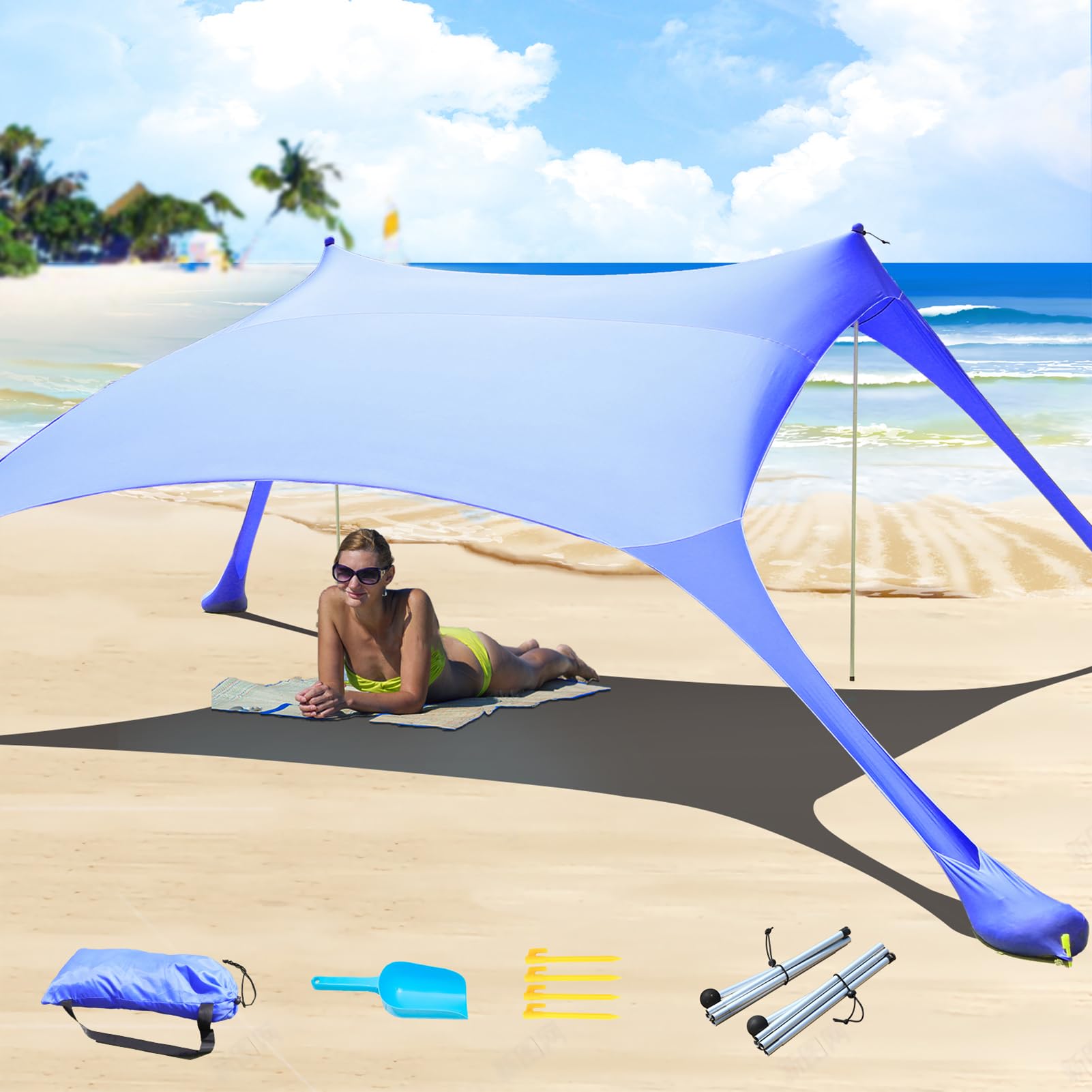 Cuupo Beach Tent Canopy Pop Up,UPF50 Lycra Sun Shade Outdoor Anti-Wind Sun Shelter with Stability Poles, Portable Sunshade for Beach Camping Fishing Backyard Royal Blue