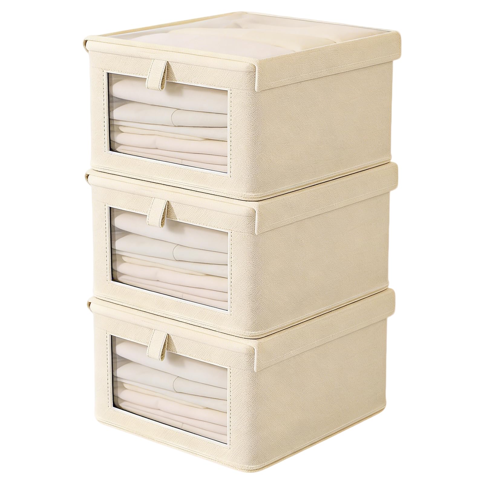 YOFAPA 3 Pcs Clothes Storage Boxes with Clear Window, 14.2 x 9.8 x 7.9 in Foldable Wardrobe Storage Organiser, Cotton Linen Closet Organizers Bins with Lids, Beige