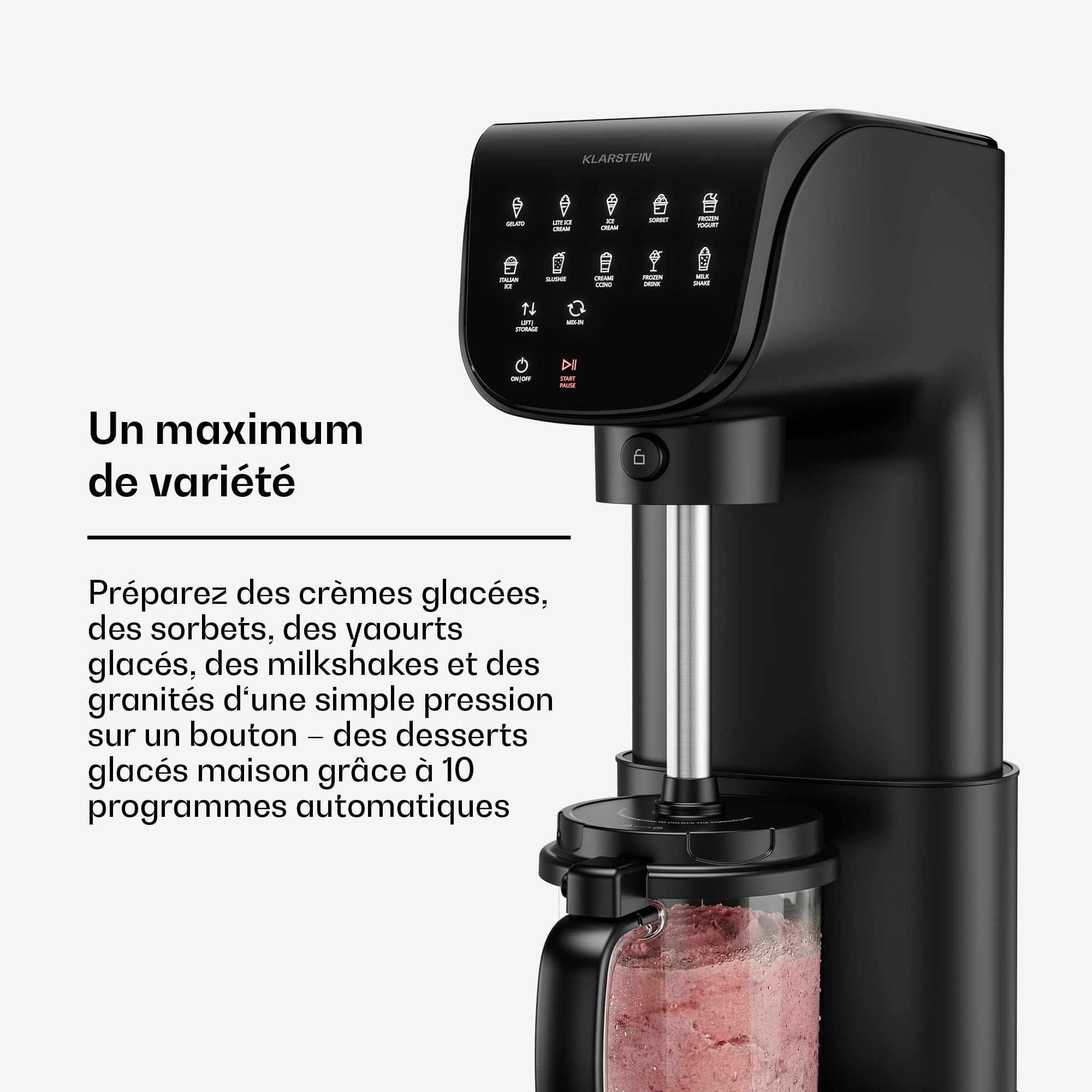 Klarstein Velaire Sorbetière – Machine à glace 500 W, 3 bacs de 0,6 L (1,8 L au total), 10 programmes, écran tactile, yaourt glacé et sorbet