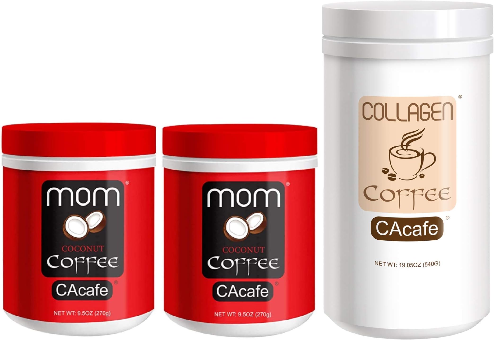 CAcafe (2) Mom Coffee 9.5oz and (1) Collagen Coffee 19.05oz Variety 3 Pack