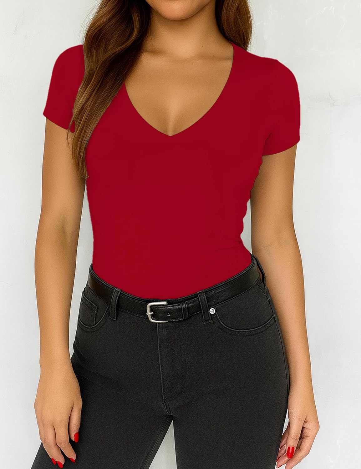 ForeFair Womens Casual V Neck Short Sleeve T Shirts Going Out Tops Double Lined Slim Fitted Summer Basic Tee - Image 4