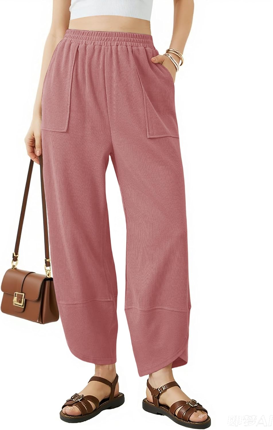 niyokki Summer Pants for Women Baggy Wide Leg Pants Casual Elastic High Waisted Palazzo Harem Pants with Pockets(Pink-M)