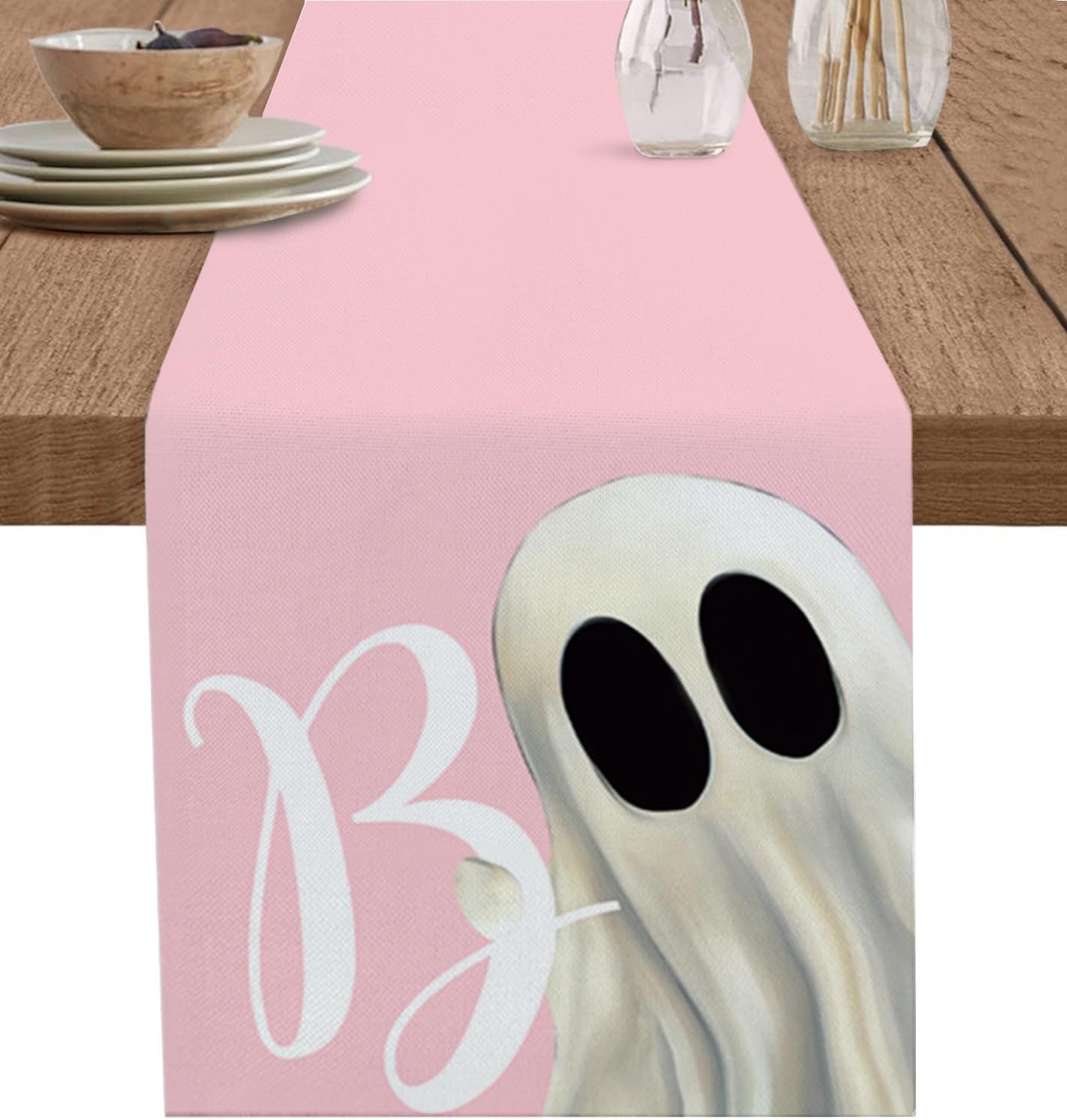 RisQiten Pink Halloween Ghost Table Runner 108 Inch Long