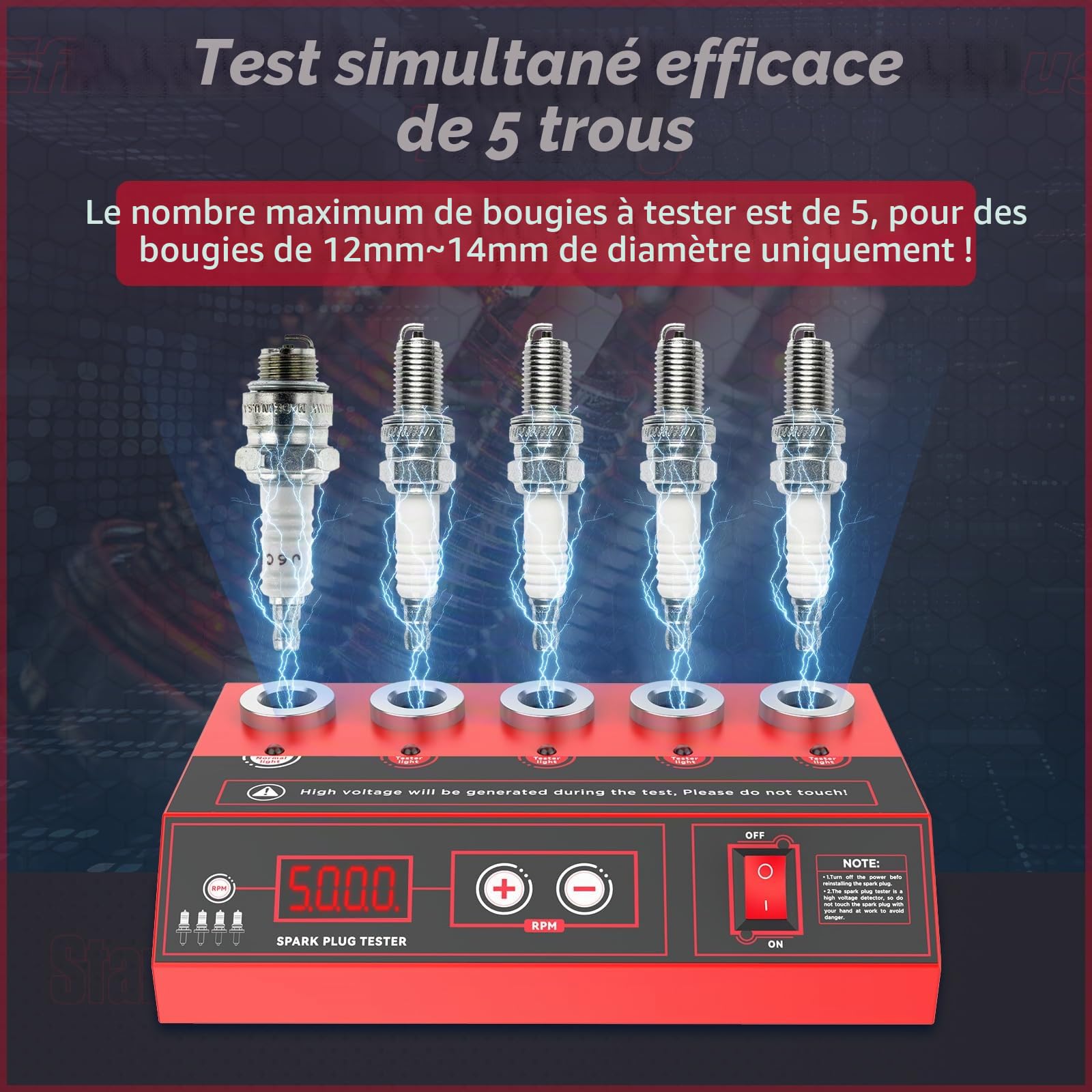 Testeur de bougies d'allumage 220V - Testeur d'allumage à 5 trous avec écran LCD pour véhicules à essence 12V, fréquence réglable de 0-9000 tr/min, outil de diagnostic pour bougies d'allumage 12~14mm