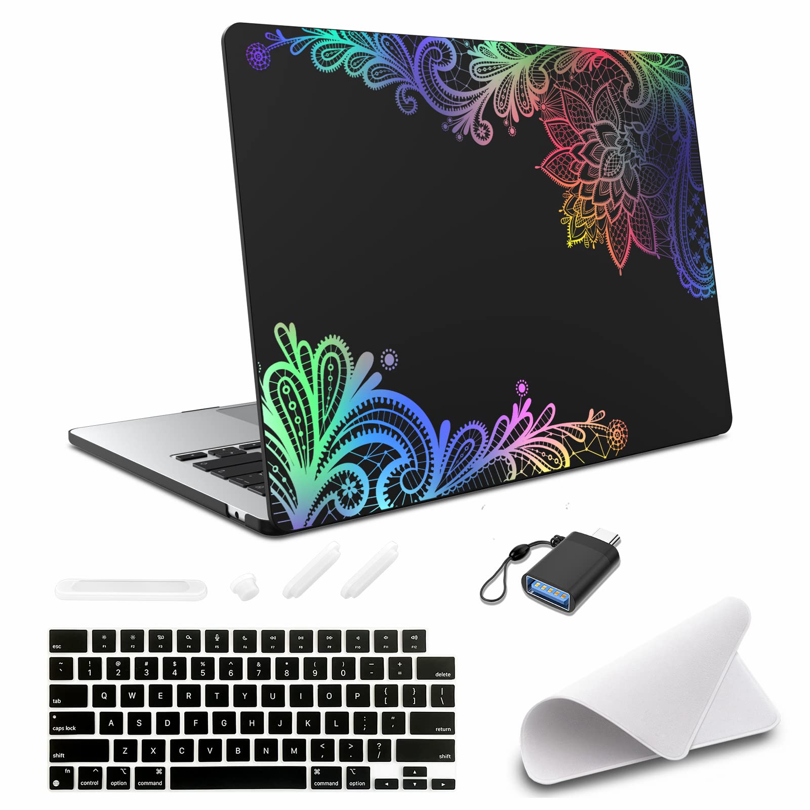 SanMuFly for MacBook Air 13.6 inch Case 2022 Release Model A2681 M2 Chip with Liquid Retina Display, Black Matte Hard Shell & Polishing Cleaning Cloth & Keyboard Skin Cover, Colorful Lace