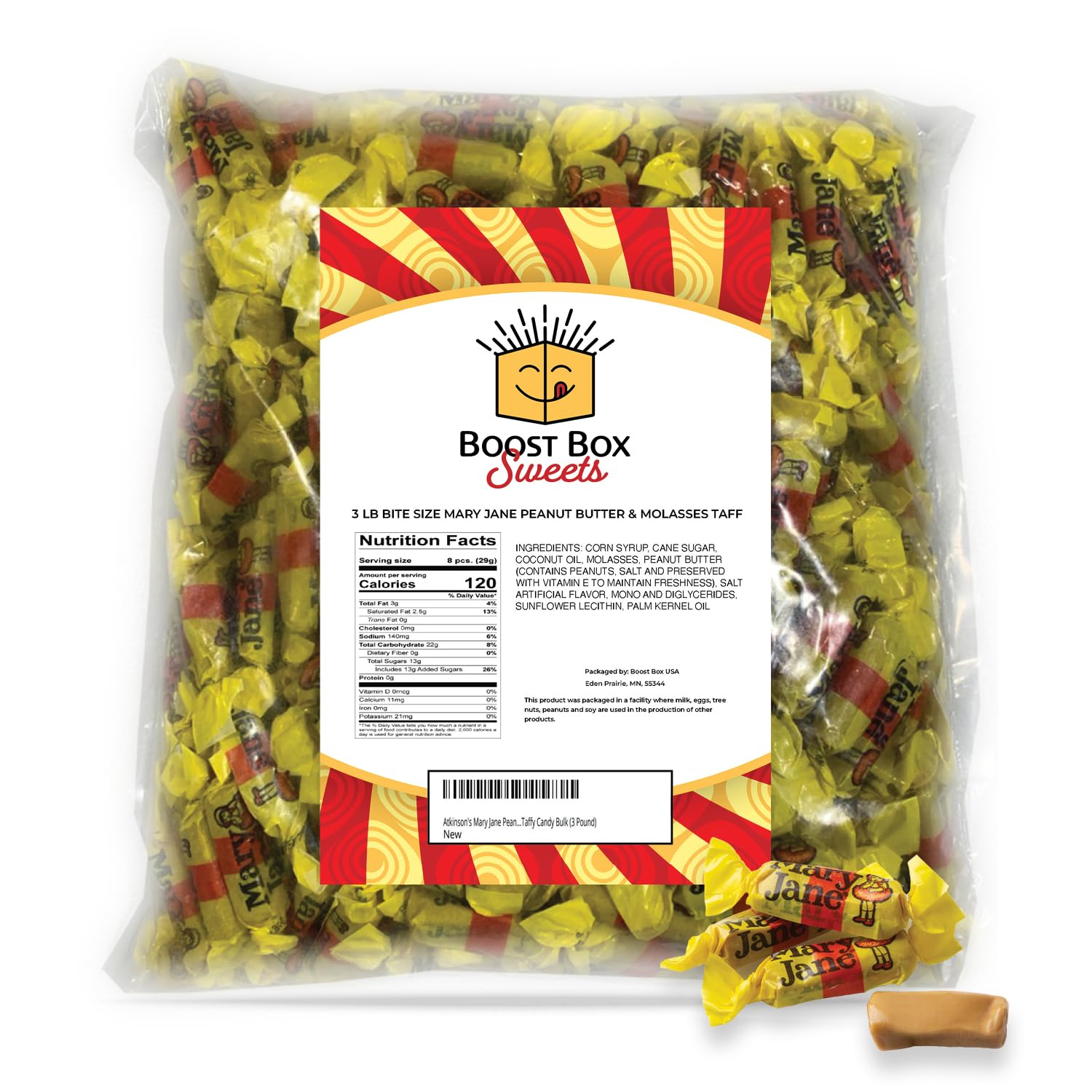 Atkinson's Mary Jane Peanut Butter and Molasses Chewy Bite-Sized Taffy Candy Bulk (3 Pound)