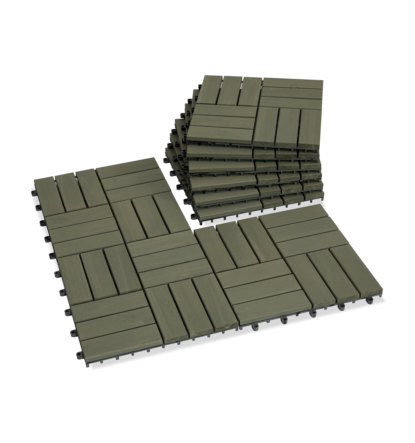 Acacia Wood Decking Tiles 9PCS - Easy Snap Interlocking Deck Tiles for Patio Poolside Balcony Decor - All Weather Waterproof Flooring for Indoor & Outdoor (Round Joints) 12x12" 1. Muted Green - 12 Slats 9