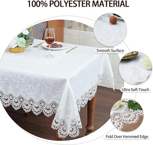 Miniatura 4 de Mantel de encaje blanco, estilo rústico de granja, elegantes manteles bordados para mesa rectangular, mantel de encaje vintage con hojas de tejido