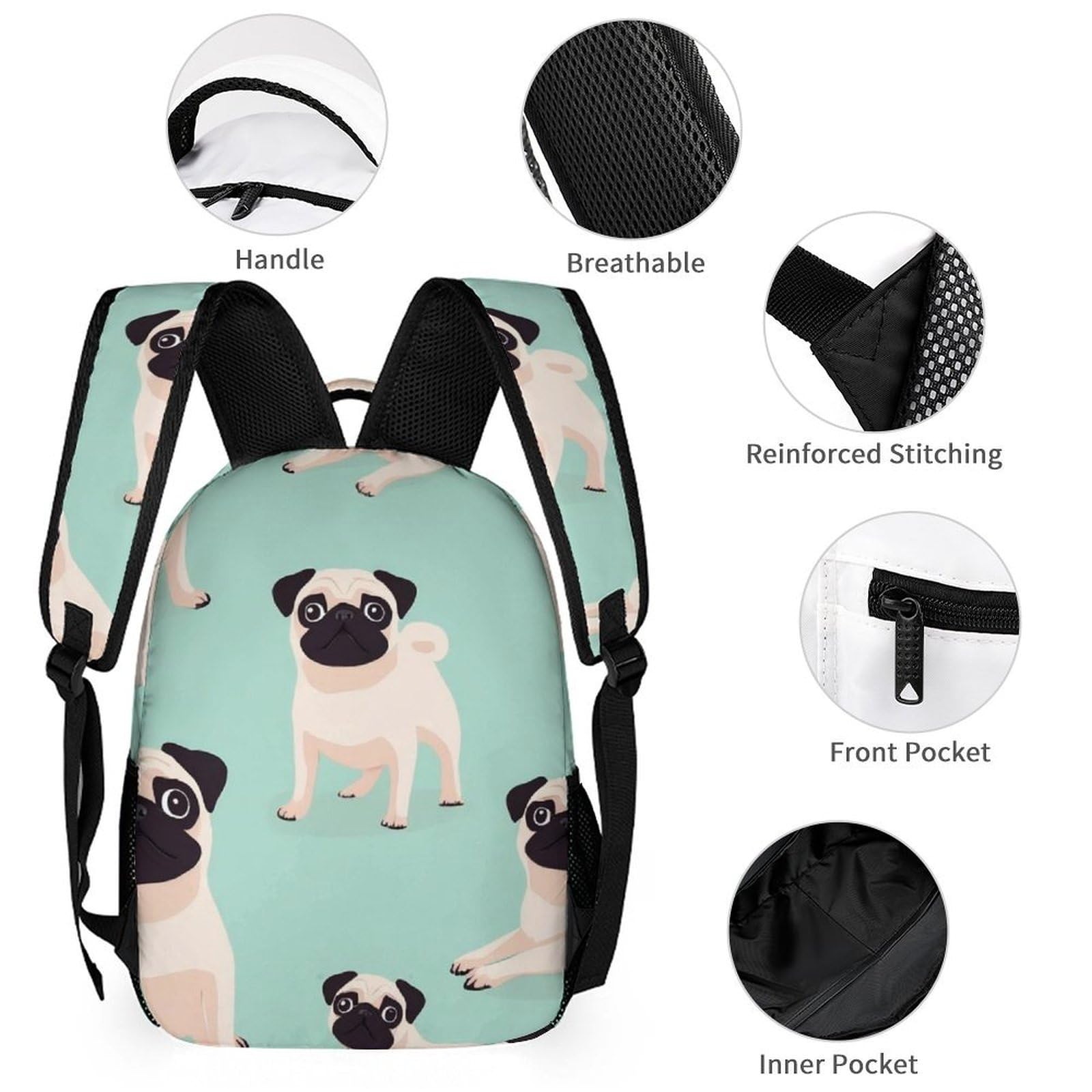 Ensemble sac à dos avec boîte à lunch, trousse de maquillage, motif carlin et sac de rangement