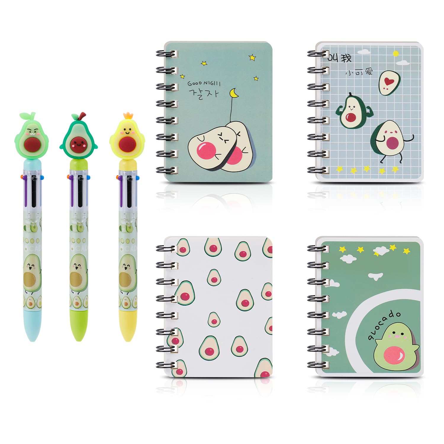 Cute Avocado Multicolor Ballpoint Pens with Pocket Notebook Cartoon 6-in-1 Retractable gel pens Avocado Mini Journal Notepad for Office Back to School Supplies Students Children Gift (PNB-Avocado)
