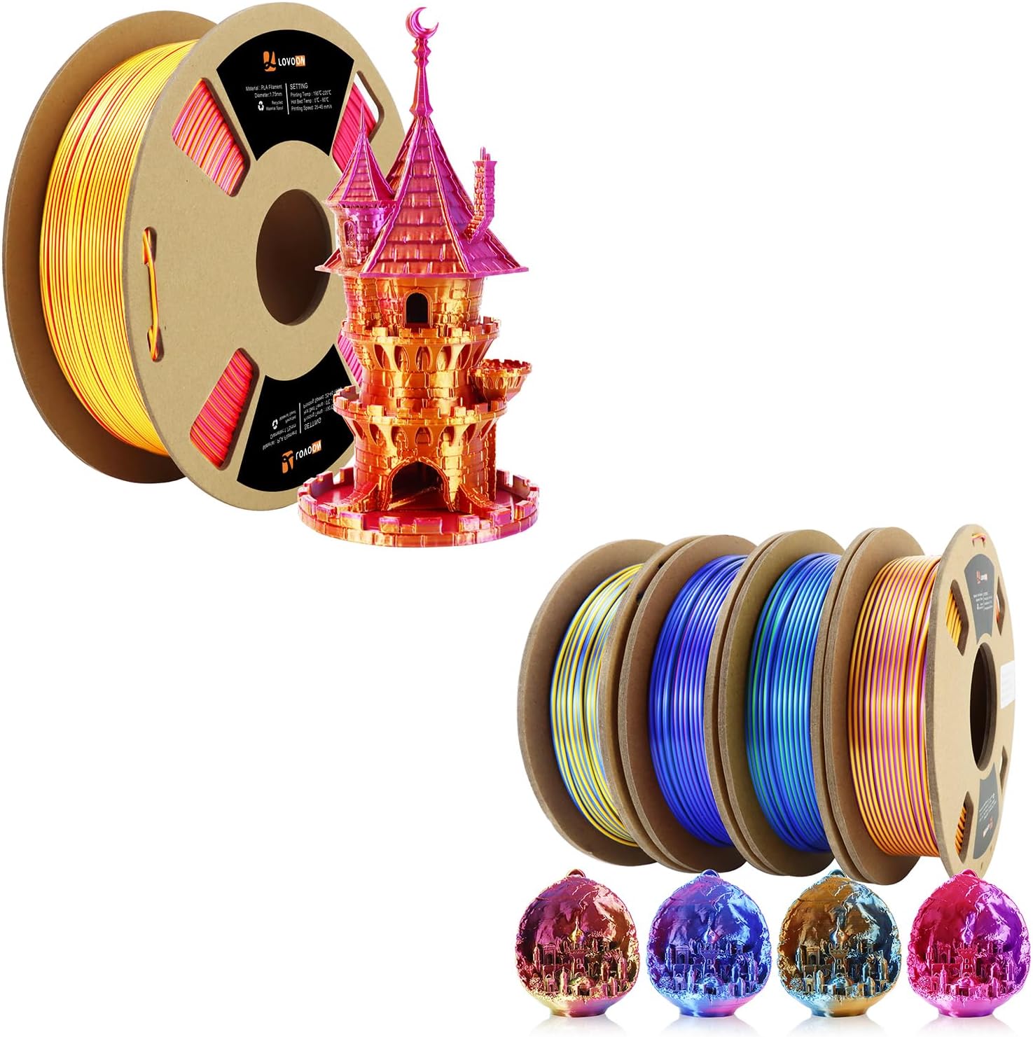 2 Pack PLA Printer Filament 1.75mm, Tricolor Bundle& Tricolor Silk Gold-Red-Purple, Dimensional Accuracy +/-0.02mm