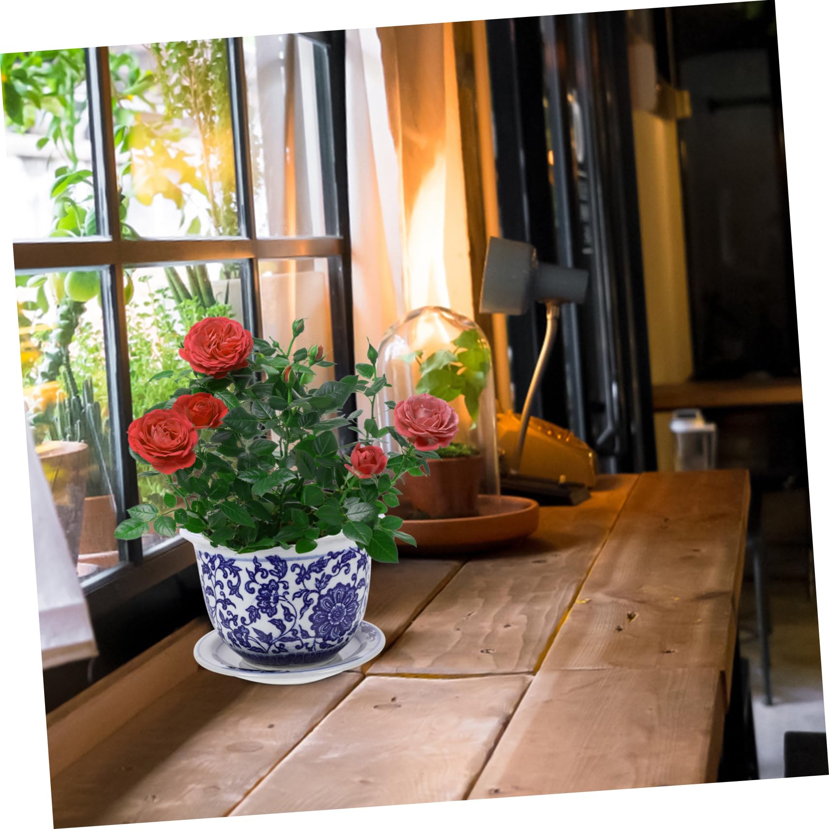 Vaso per Piante in Ceramica con Piattino, Vaso Decorativo Stile Cinese Blu e Bianco, per Balcone e Camera da Letto, Set per Fiori ed Erbe