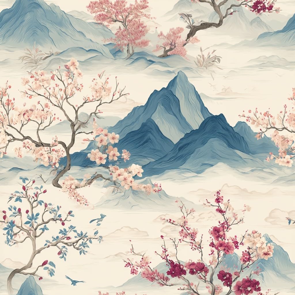 Chinoiserie Watercolor Mountain Wallpaper Self Adhesive Peel and Stick Elegant Cherry Tree Botanical Wall Paper Removable Waterproof for Bedroom Renter Friendly 17.71"x236.2"