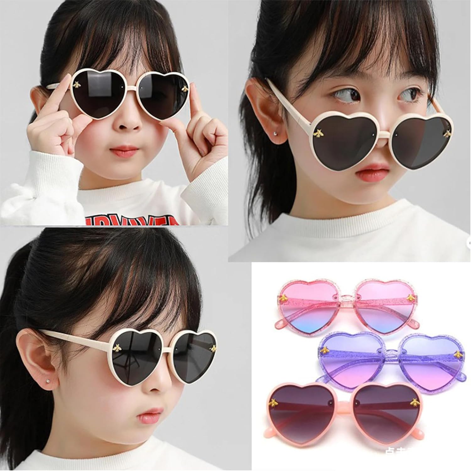 Kids Heart Sunglasses Cute Bee Fashion Sunglasses for Girls Age 3-10 UV400 Protection for Outdoor Beach Eyewear