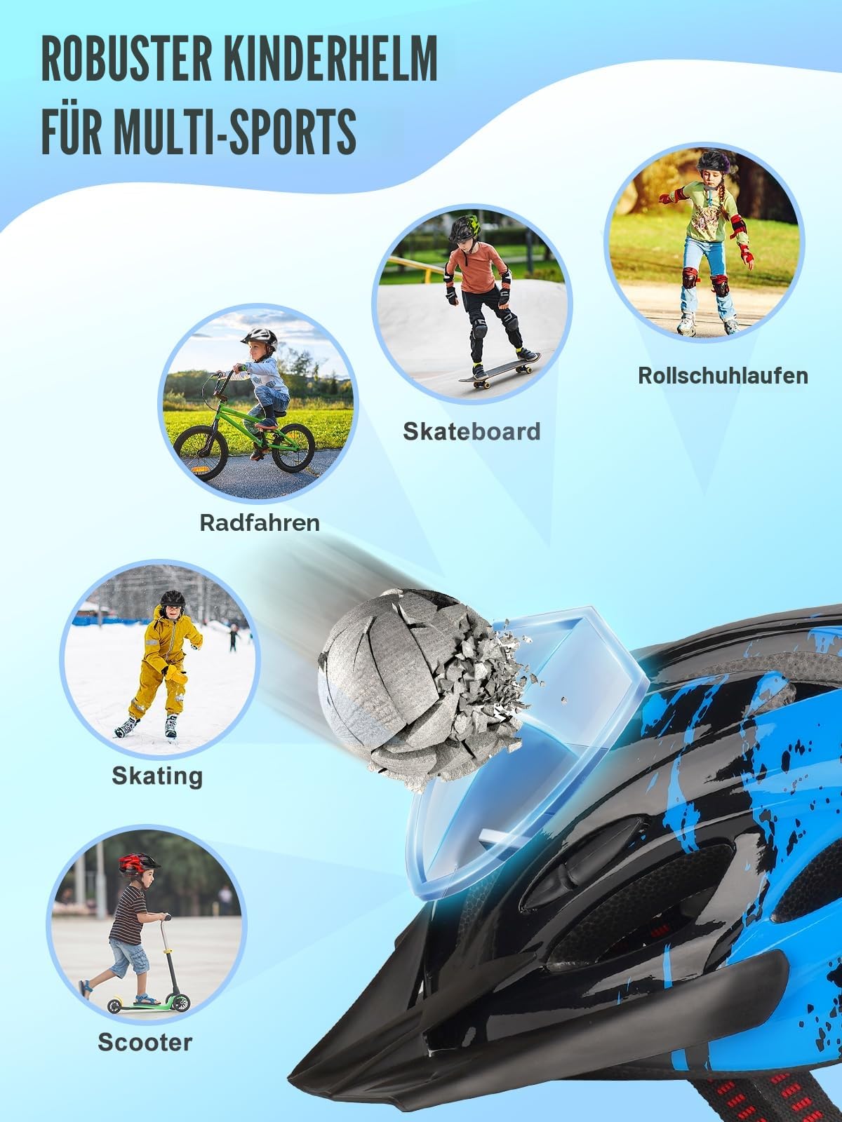 Fahrradhelm Kinder, Verstellbarer Kinderhelm für Jungen und Mädchen im Alter von 3–15 Jahren, Multisport-Kinderhelm (50–59cm), Sicherheitshelm für Fahrrad, Roller, Skating