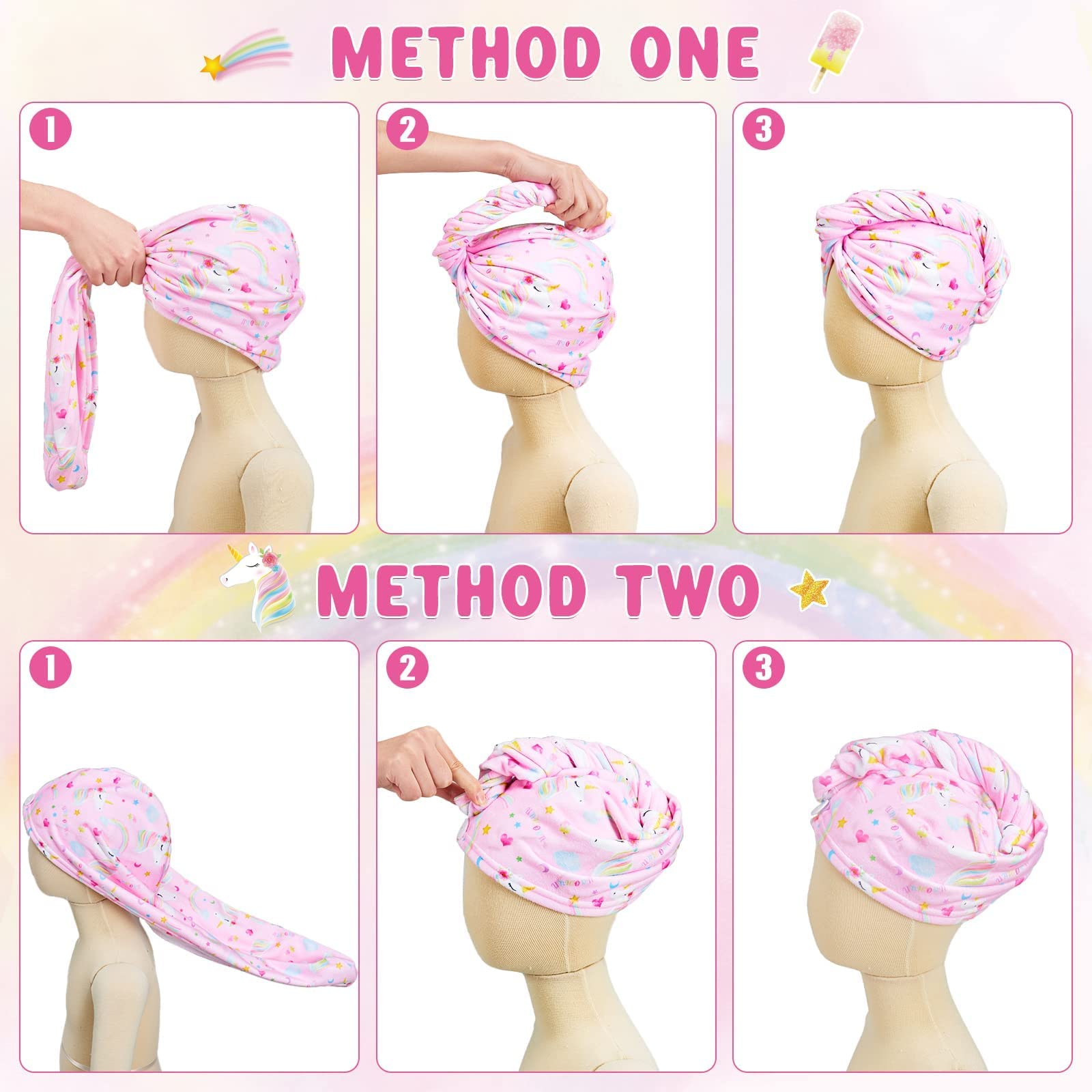 WAWSAM 2 Pezzi Asciugamani Capelli a Turbante Asciugamano in Microfibra per Capelli con Bottoni (Unicorno bianco e rosa)