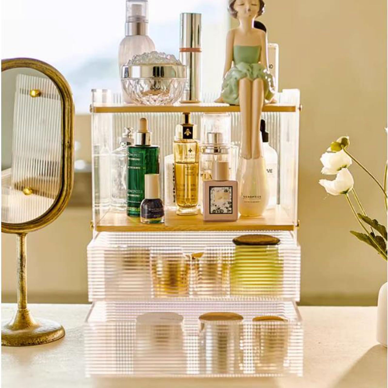 Boîte de rangement pour le maquillage Organizador de maquillaje acrílico para tocador, organizador de escritorio multifunción con 2 cajones y gabinete de almacenamiento, organizador de baño