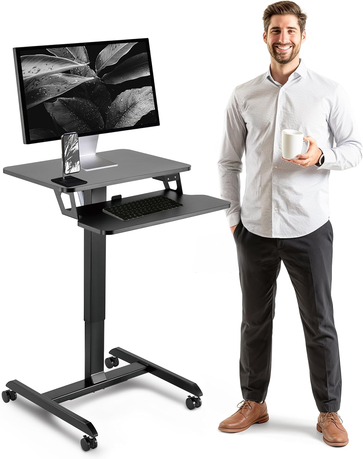 Automatic Height Adjustable Mobile Workstation with Keyboard Tray, Sit to Stand Up Tabletop Computer and Monitor Desk for Home Office or Office Desk (Black Small)