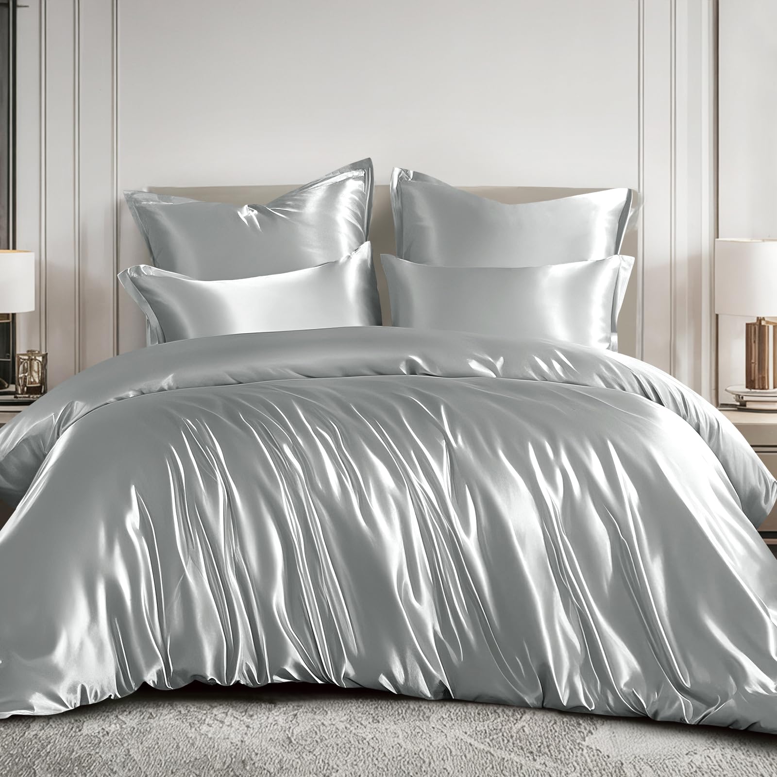RUIKASI Satin Bedding Set King Size - Silky Duvet Cover Set for Hair and Skin, 3 Piece Duvet Set Quilt Cover with 2 Pillowcases, 230x220cm Silver