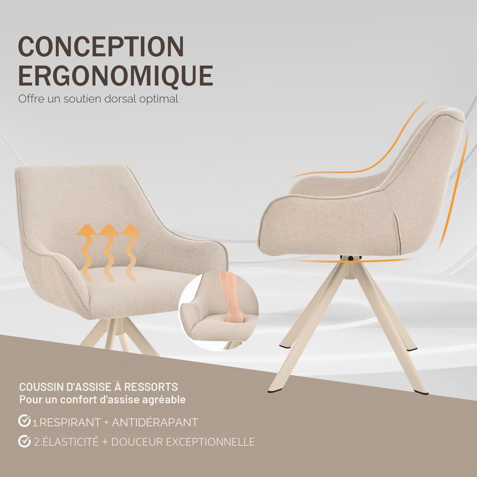 Lot de 6 chaises de salle à manger pivotantes 360° en lin beige avec accoudoirs et structure métal