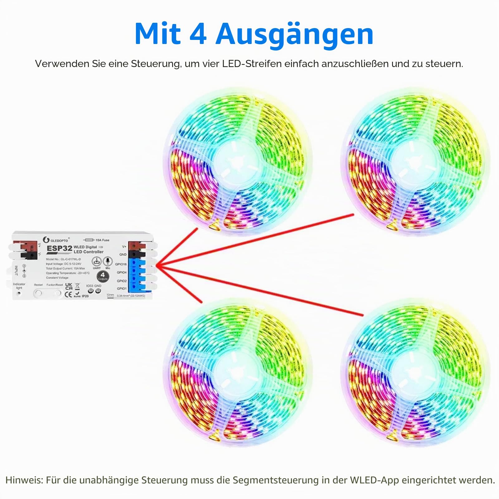 GLEDOPTO LED-Controller WiFi 4 Wege ESP32 WLED - Kompatibel mit Alexa/Google Home - für RGB LED-Streifen 5-24V - Max 15A - GL-C-017WL-D (1 Stück)