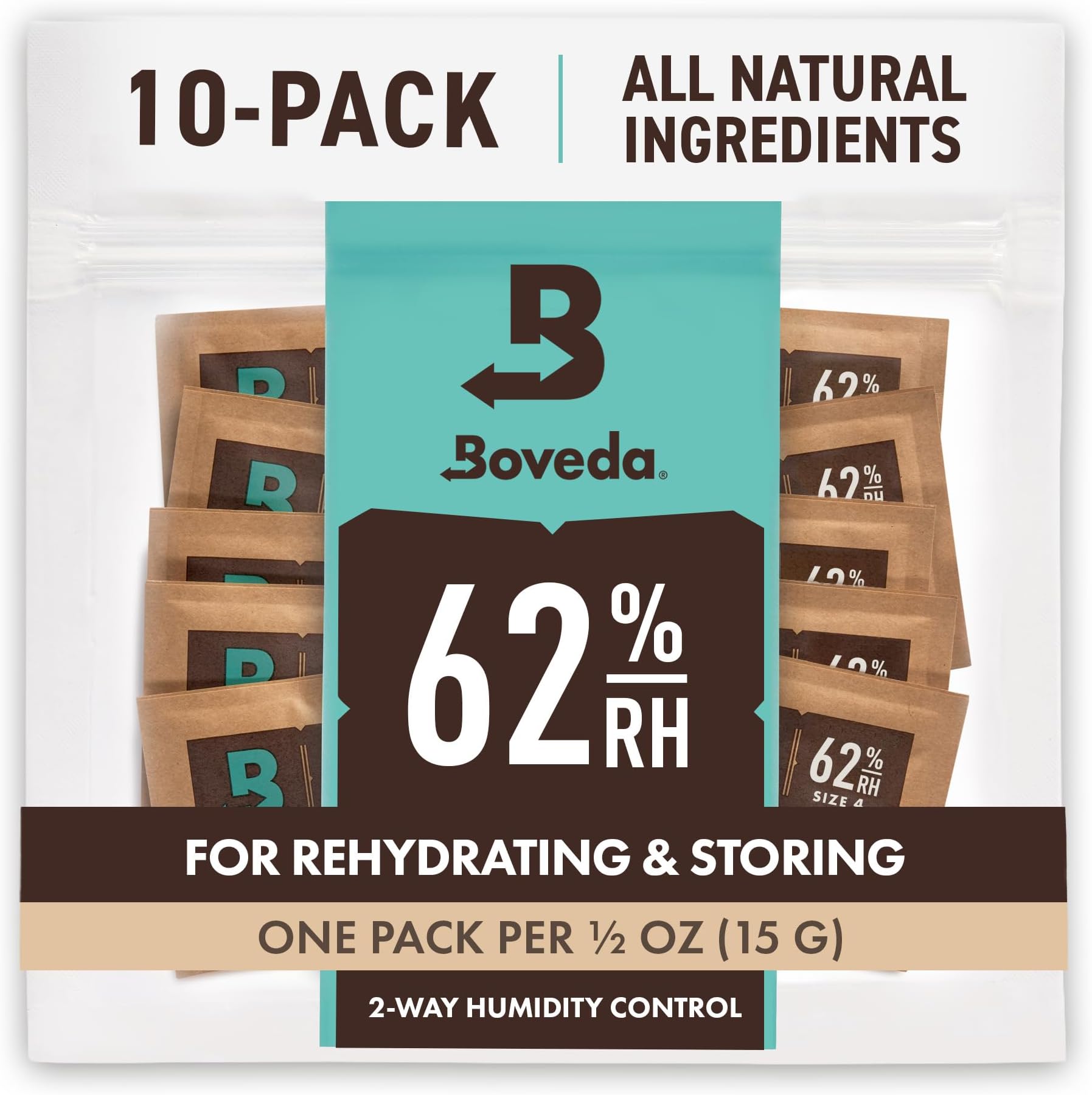 Boveda 62% Two-Way Humidity Control Packs For Storing ½ oz – Size 4 – 10 Pack – Moisture Absorbers for Small Storage Containers – Humidifier Packs – Hydration Packets in Resealable Bag