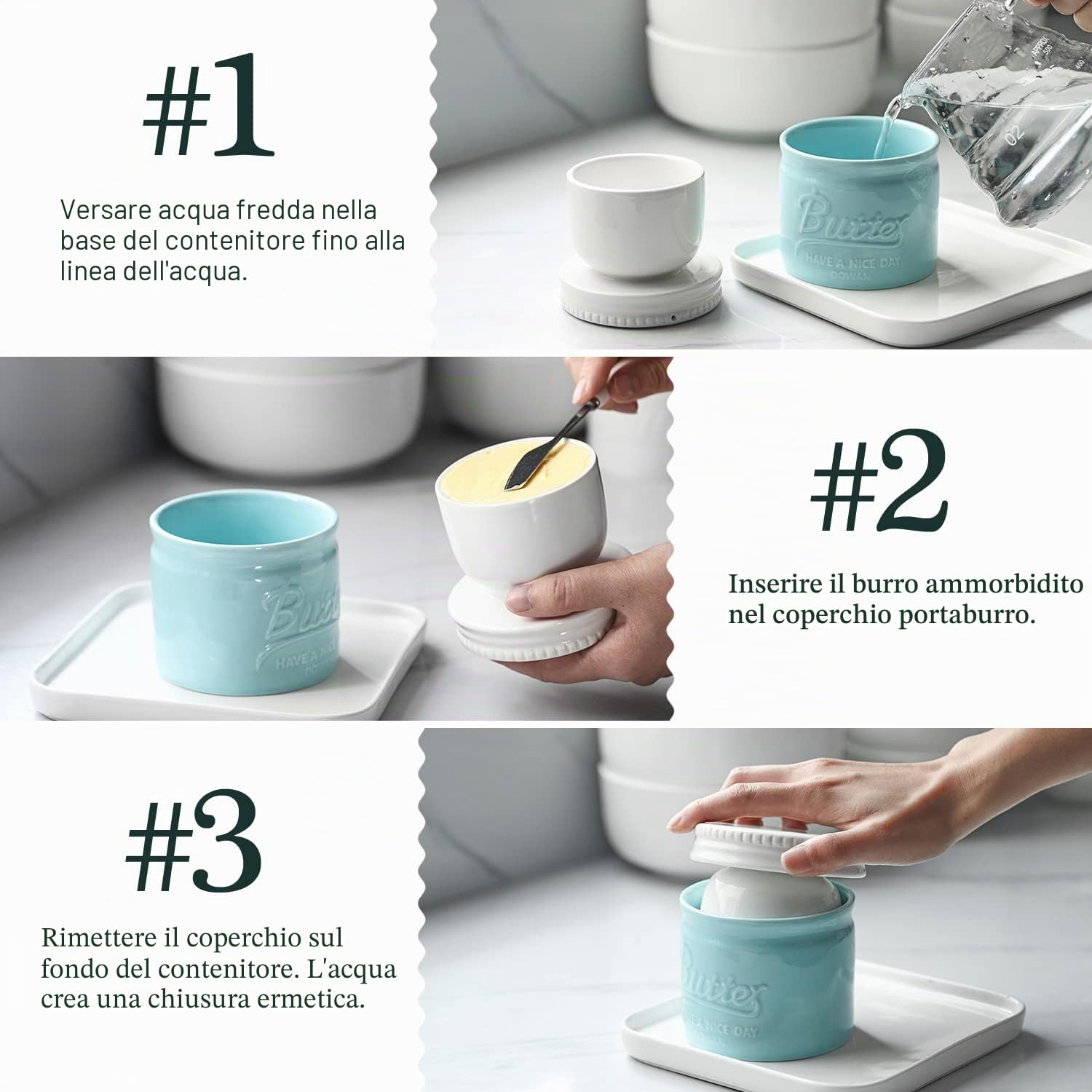 DOWAN Burriera in Porcellana, Portaburro in Porcellana, Burriera Stile Barattolo di Vetro con Coperchio e Acqua, Morbido e Distribuibile, Gadget da Cucina, Blu