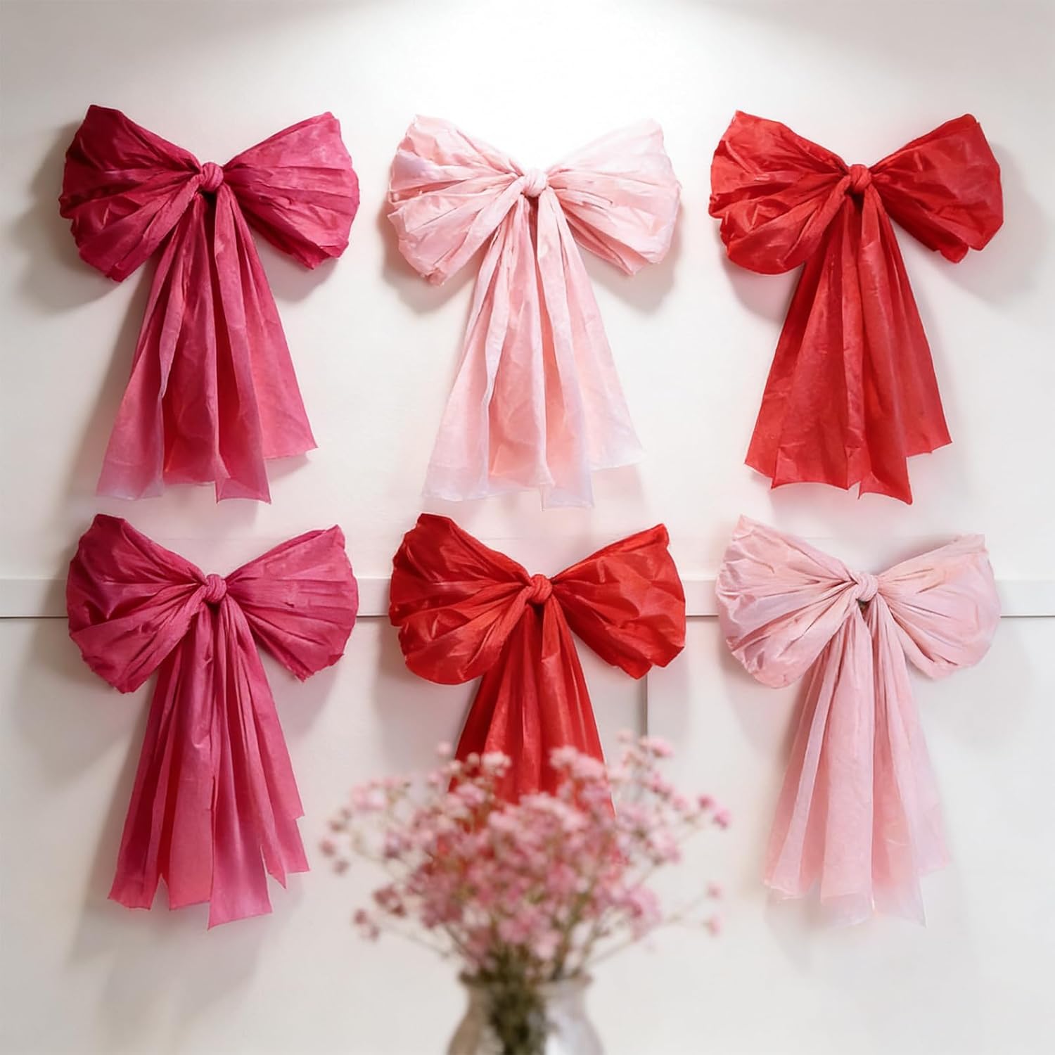 6 Pack Giant Valentine’s Day Wall Bows, 54 x 108 Inch Large Decorative Bows for Wall, Red Pink Light Pink PE Bow Decorations for Galentine’s Day, Birthday Party, Classroom, Fireplace, Staircase