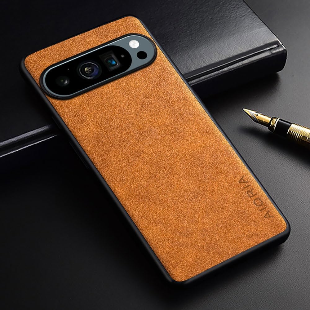 for Google Pixel 9 Pro XL Premium Leather Cover Retro Design Full Protective Phone Case (Orange, for Pixel 9 Pro XL) image 2