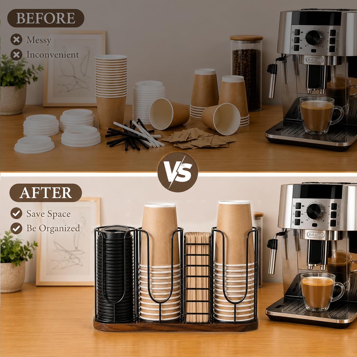 AOKZOE Coffee Station Cup Holder Organizer, Disposable Cup Dispenser with Lid and Straw Storage, 3-Compartment Countertop Organizer Rack