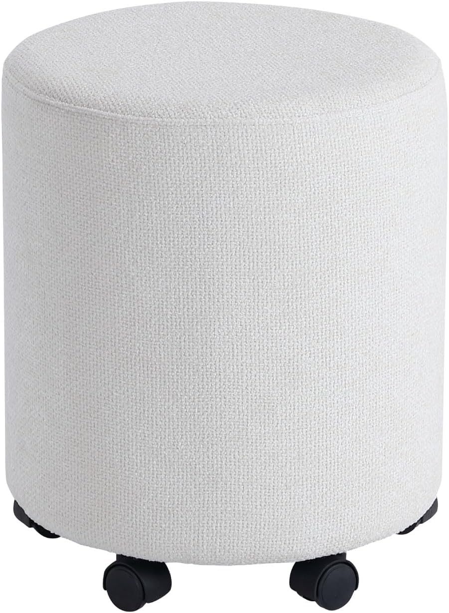 Get Set Style Ottoman with Wheels, Rolling Vanity Stool for Makeup, Upholstered Vanity Rolling Chair Footrest Round Ottoman Foot Stool for Living Room, Bedroom Creamy