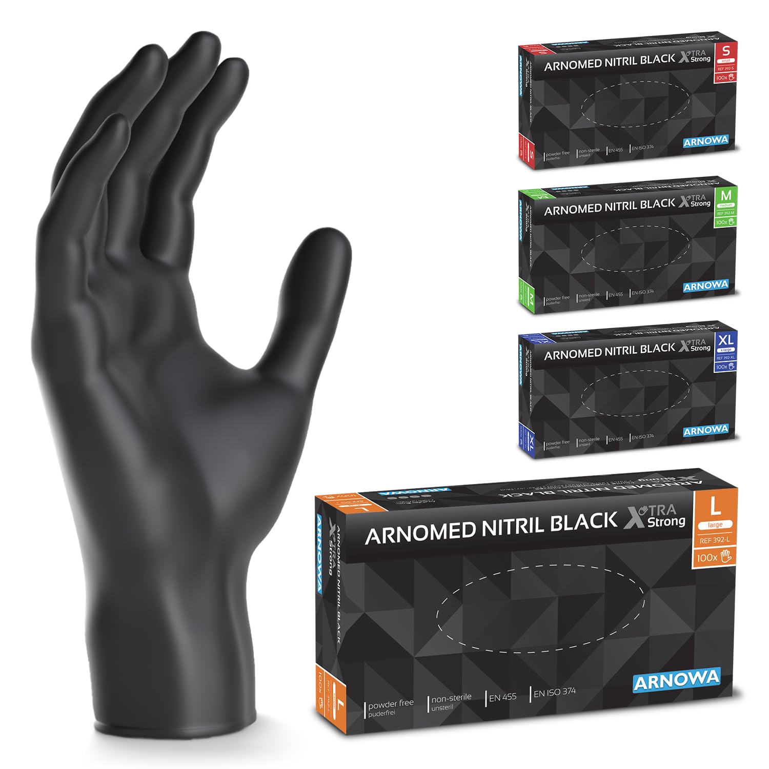 ARNOMED Guantes nitrilo extra fuerte talla L, guantes de nitrilo 50% más gruesos, negro,1000 uds/caja, sin polvo, sin látex, guantes nitrilo talla S, M, L y XL, guantes nitrilo desechables