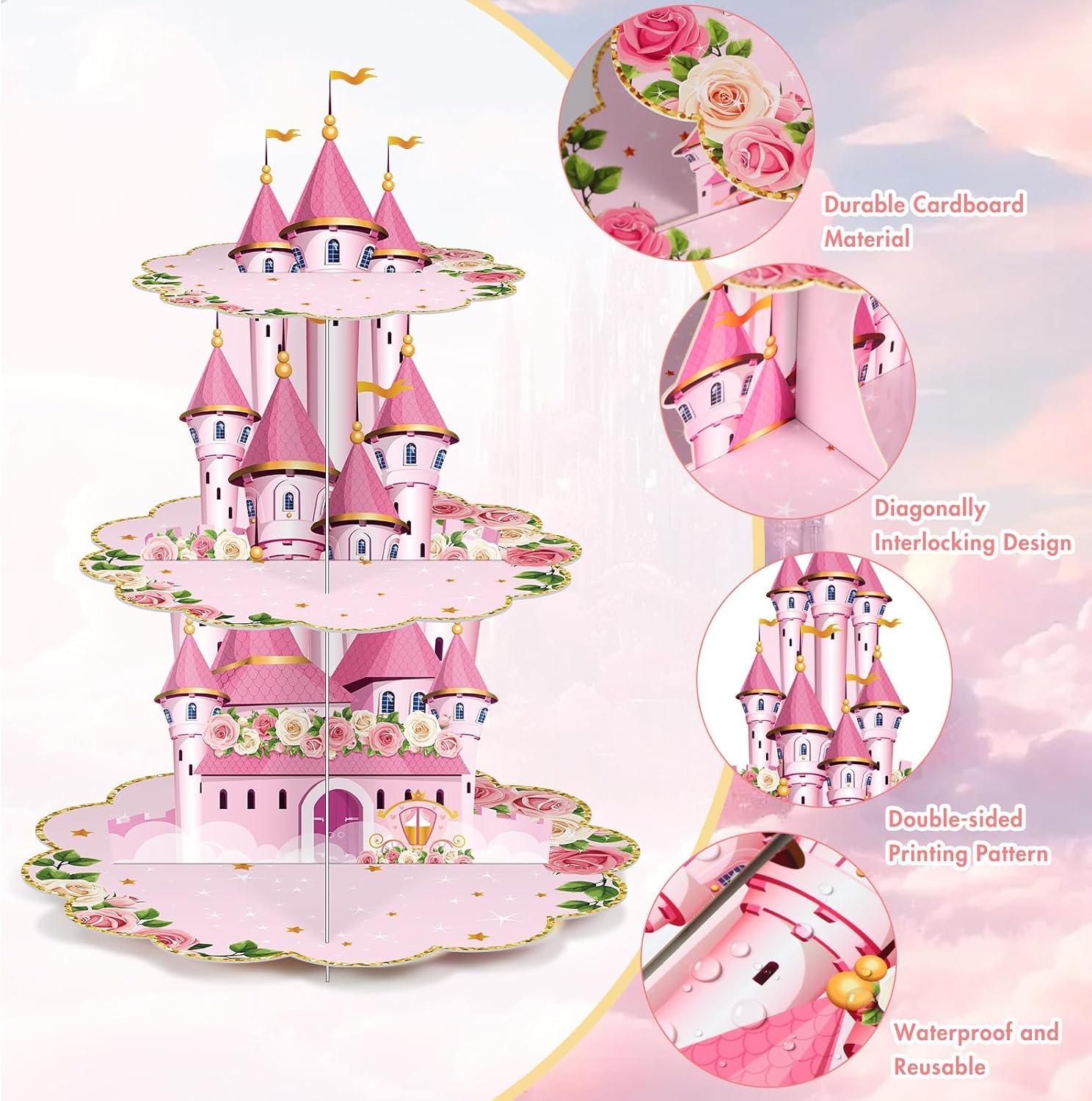 Zopeal 3 Tier Princess Birthday Cupcake Stand Party Decorations Floral Princess Cupcake Holder Pink Castle Crown Carriage Dessert Tower for Girls Birthday Theme Baby Shower Party Supplies