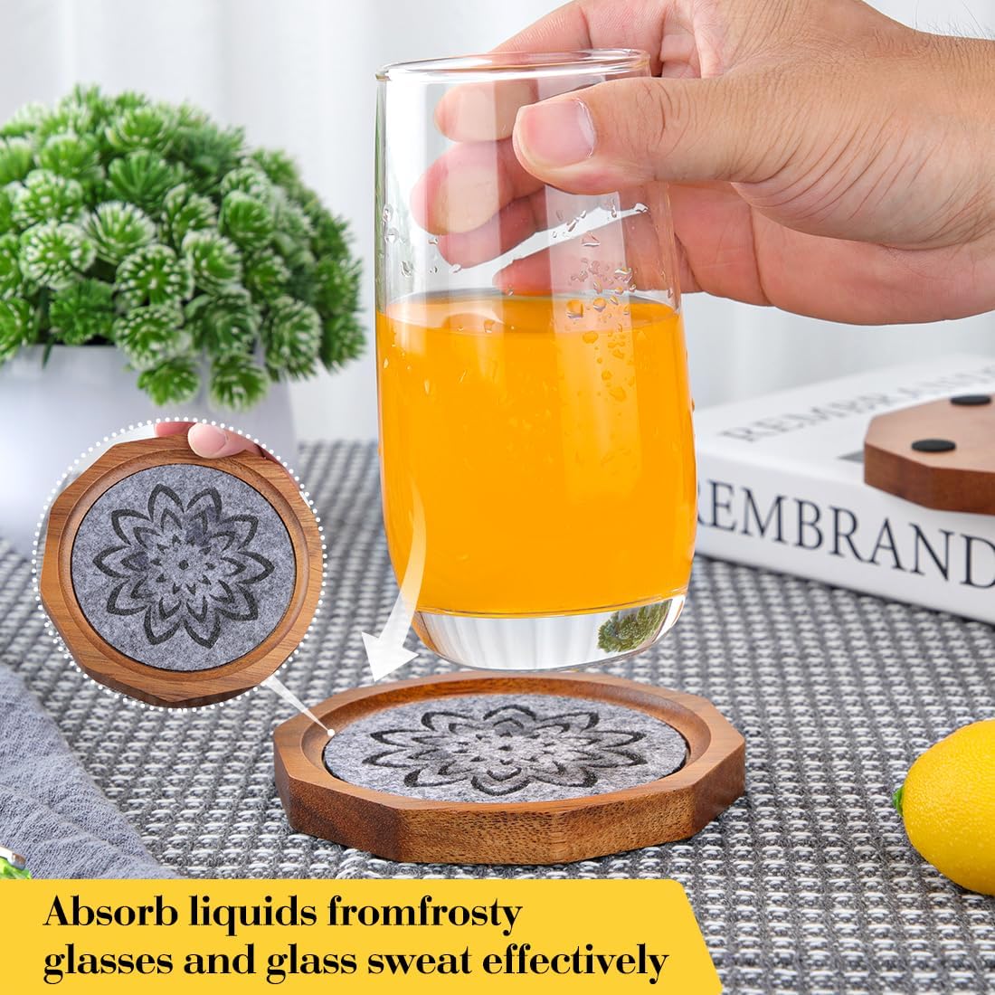 Wood Coasters for Drinks Absorbent with Lip, 4.3 Inch Acacia Wood Grey Felt Coaster with Holder for Wooden Coffee Table for Cups, Mugs, and Glasses - Set of 6 - Image 4